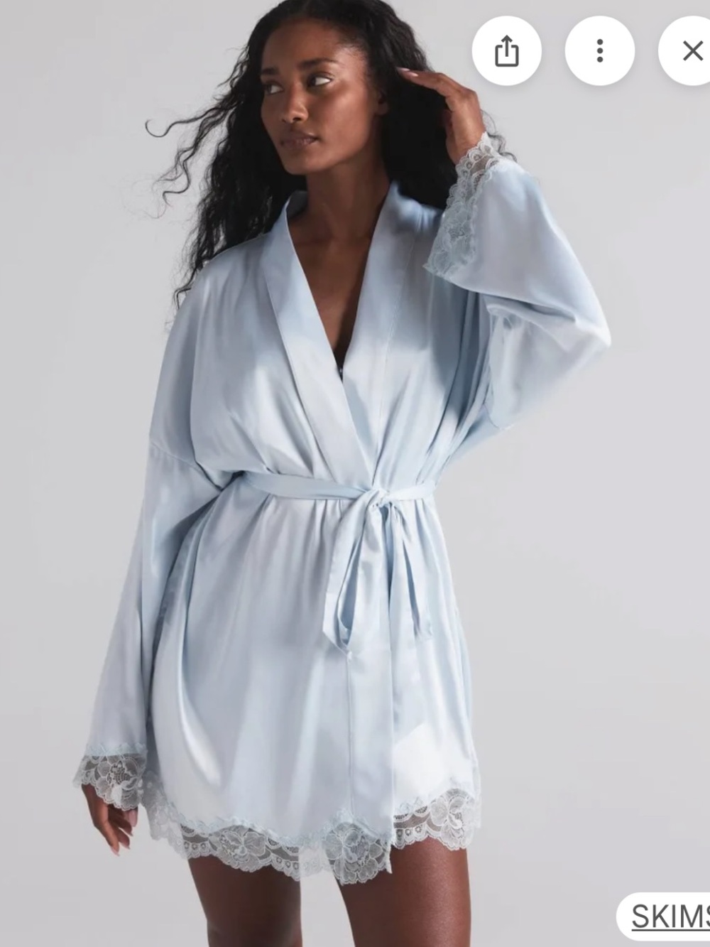 SKIMS Light Blue Lace-Trim Satin Robe